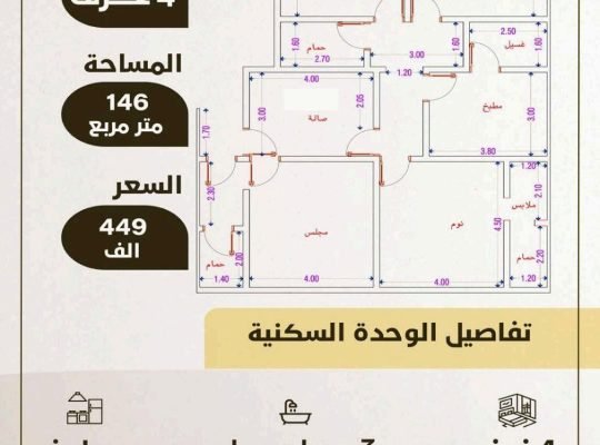 شقه 4 غرف مساحه 176 واسعه جدا تحت الانشا